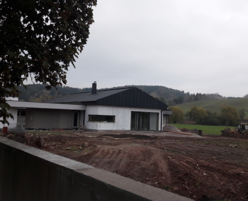 Rodinný dům, imitace dřevěných panelů, černá střecha